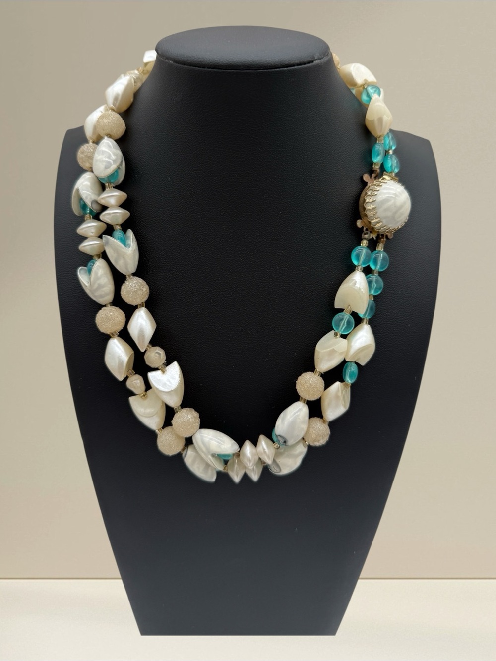 Vintage Hong Kong Two Strand Faux Shell and Sugar Bead Necklace w Teal Accents